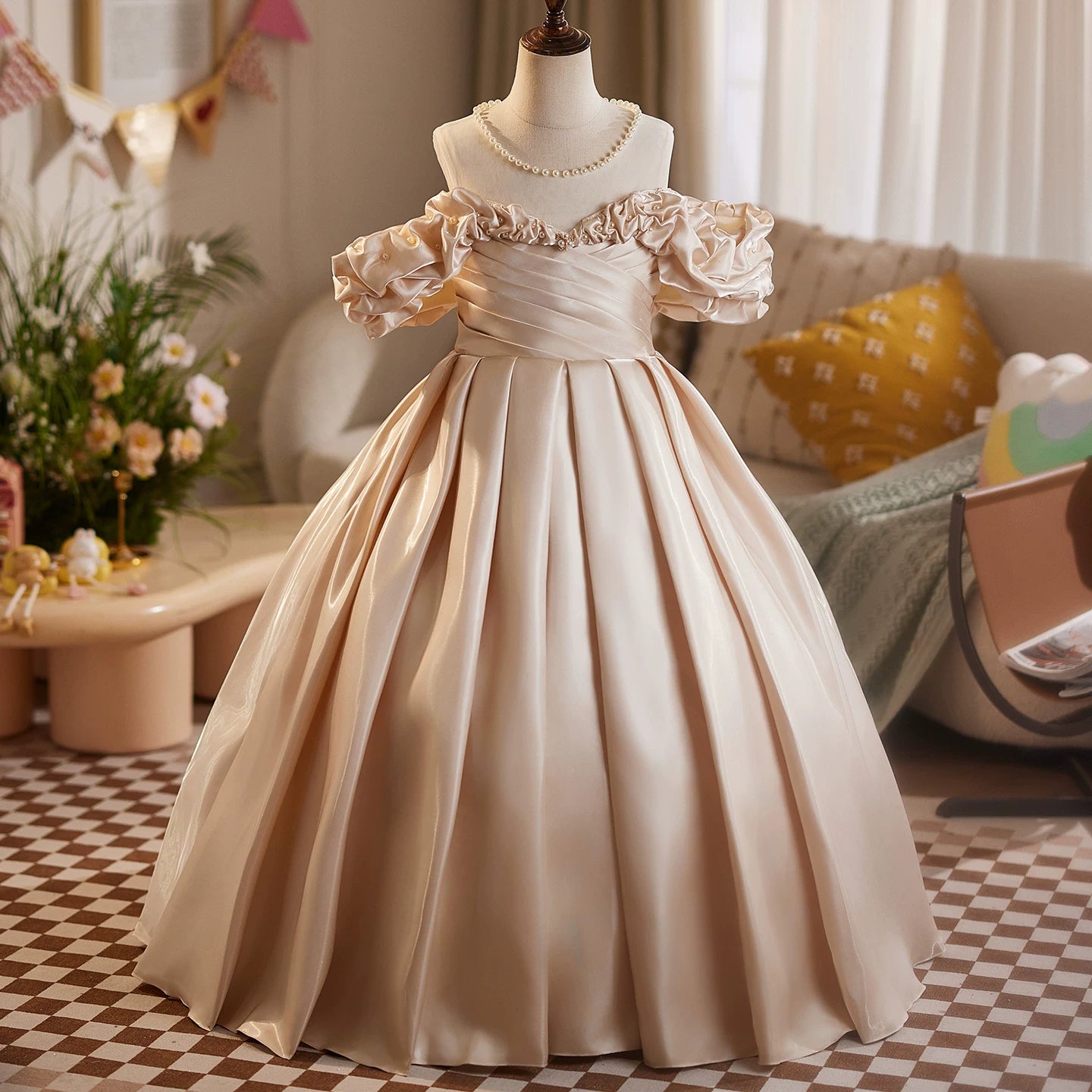 Champagne Off Shoulder Organza Maxi Dress for Girls | Party & Flower Girl Gown