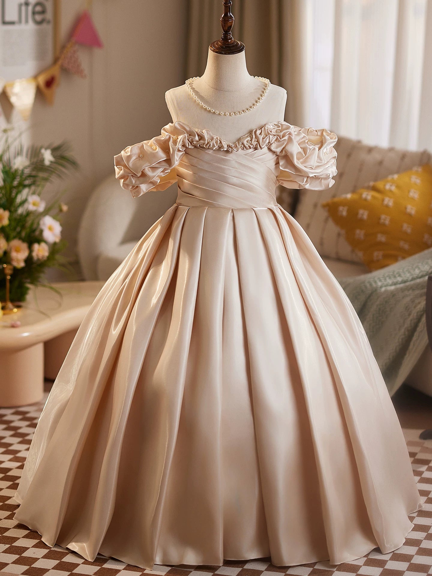 Champagne Off Shoulder Organza Maxi Dress for Girls | Party & Flower Girl Gown