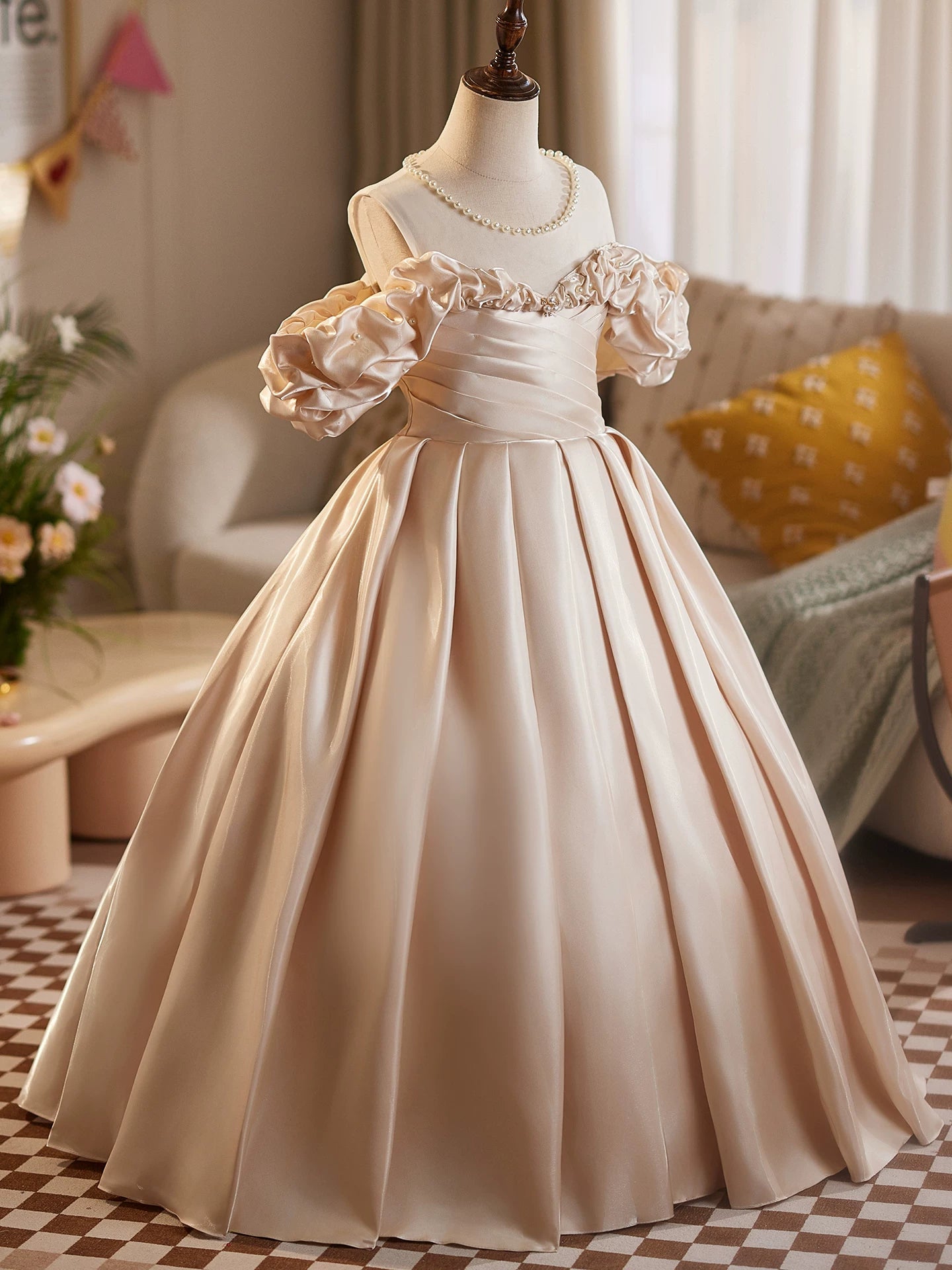 Champagne Off Shoulder Organza Maxi Dress for Girls | Party & Flower Girl Gown