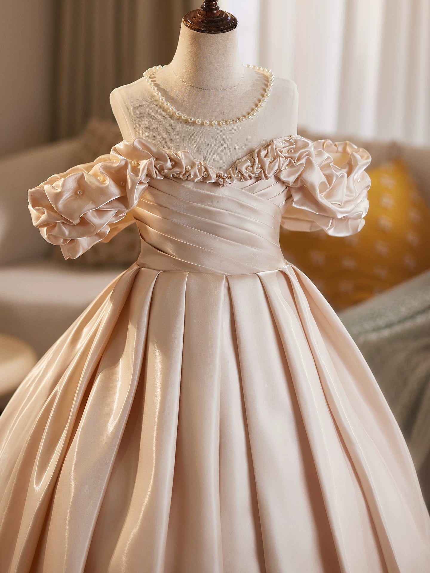 Champagne Off Shoulder Organza Maxi Dress for Girls | Party & Flower Girl Gown