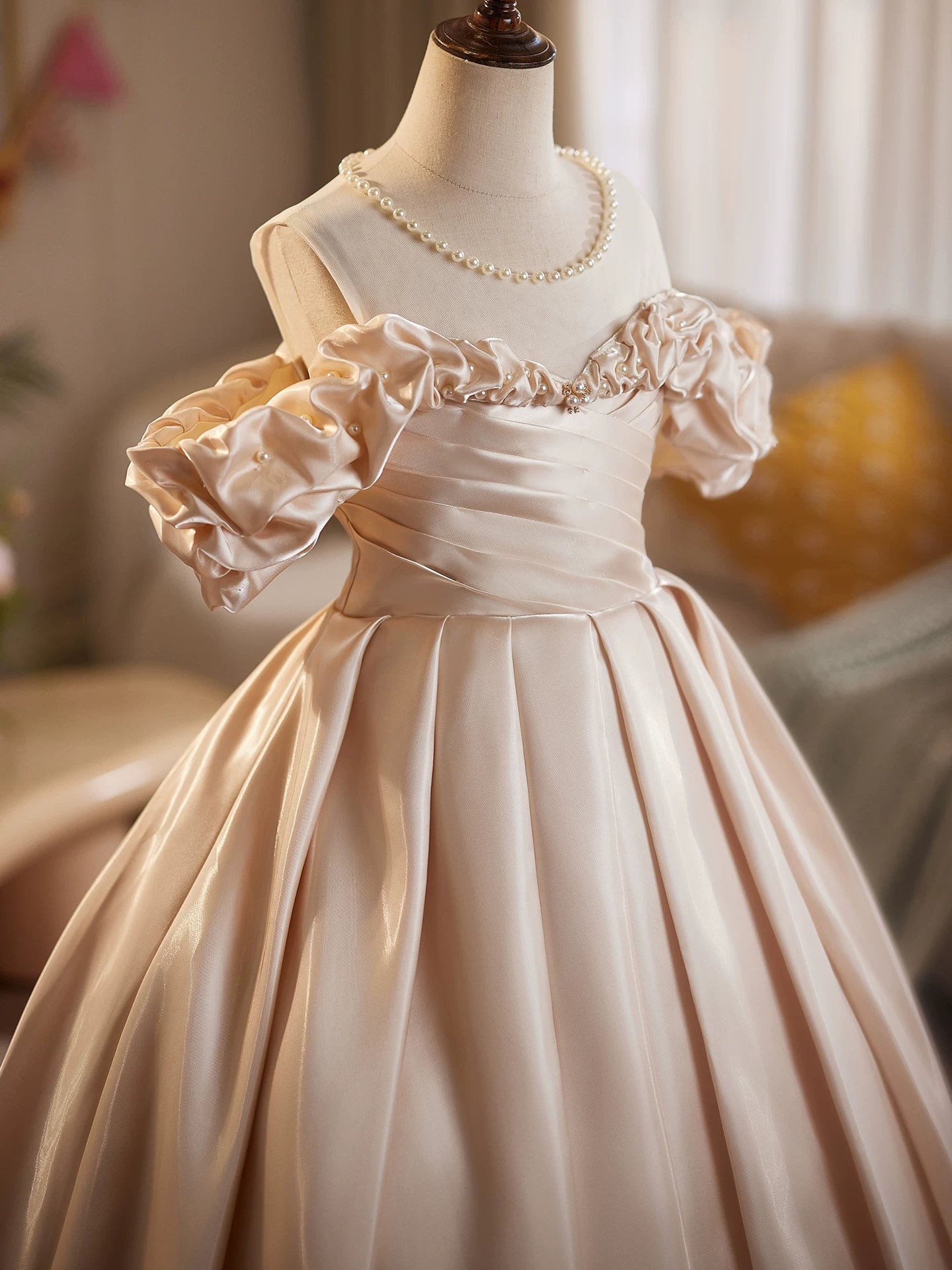 Champagne Off Shoulder Organza Maxi Dress for Girls | Party & Flower Girl Gown