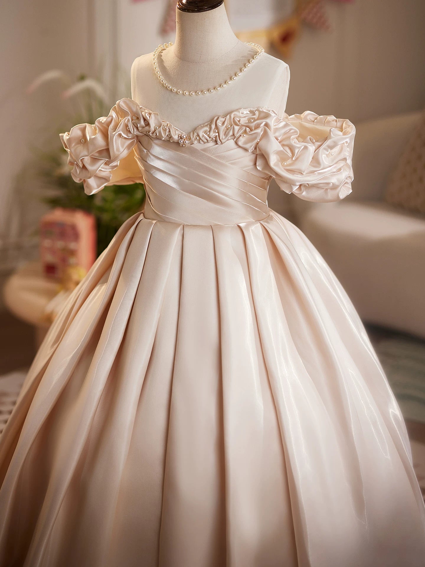 Champagne Off Shoulder Organza Maxi Dress for Girls | Party & Flower Girl Gown