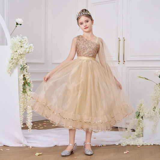 Champagne Off-Shoulder Sequin Princess Dress for Girls | A-line Tea Length Party Gown