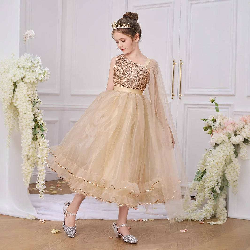 Champagne Off-Shoulder Sequin Princess Dress for Girls | A-line Tea Length Party Gown