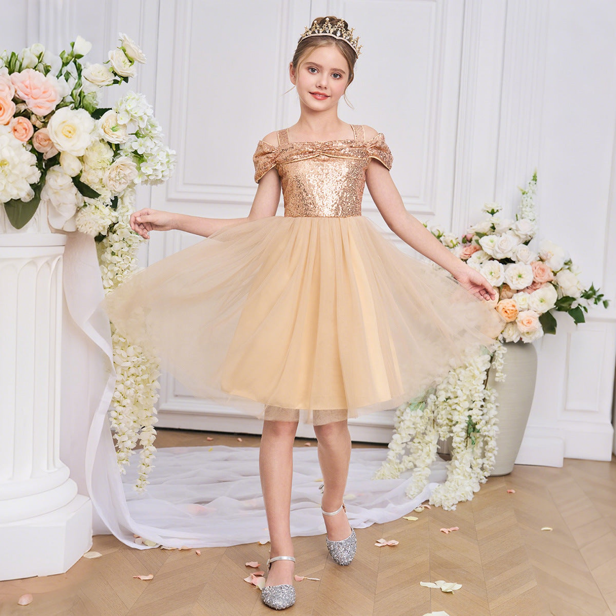 Champagne Off Shoulder Sequin Tulle Dress for Girls (Ages 5-13) | Party & Formal