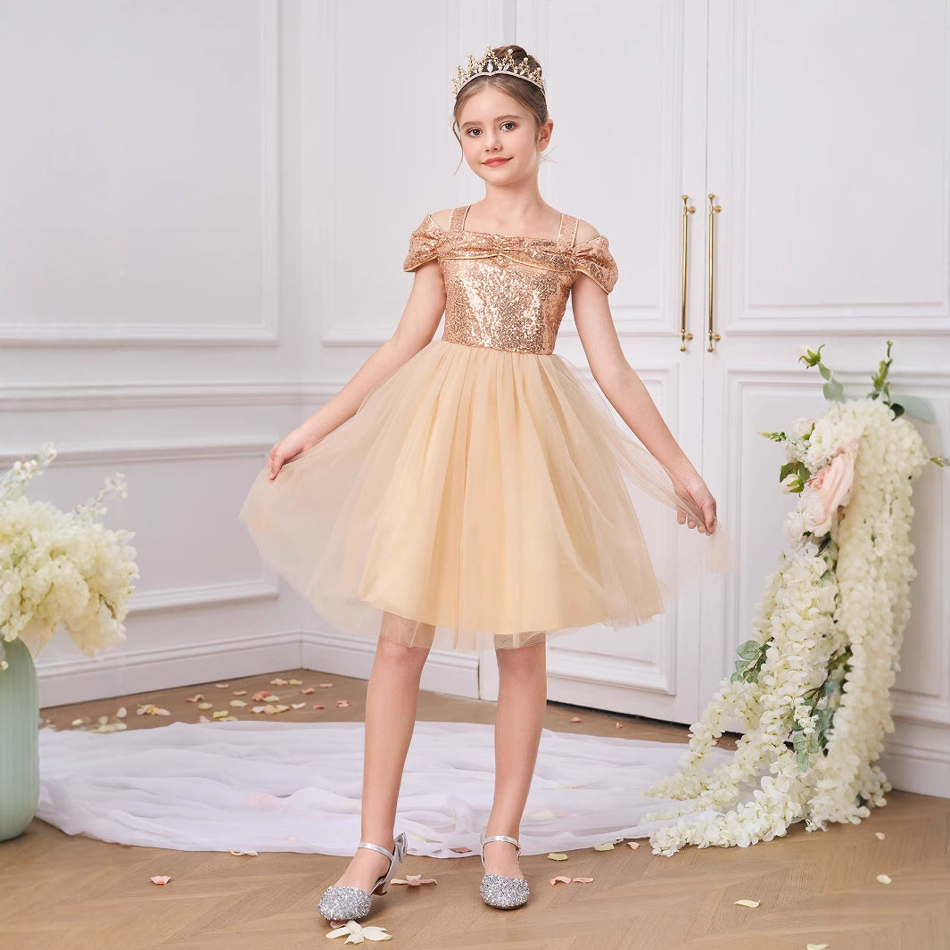 Champagne Off Shoulder Sequin Tulle Dress for Girls (Ages 5-13) | Party & Formal