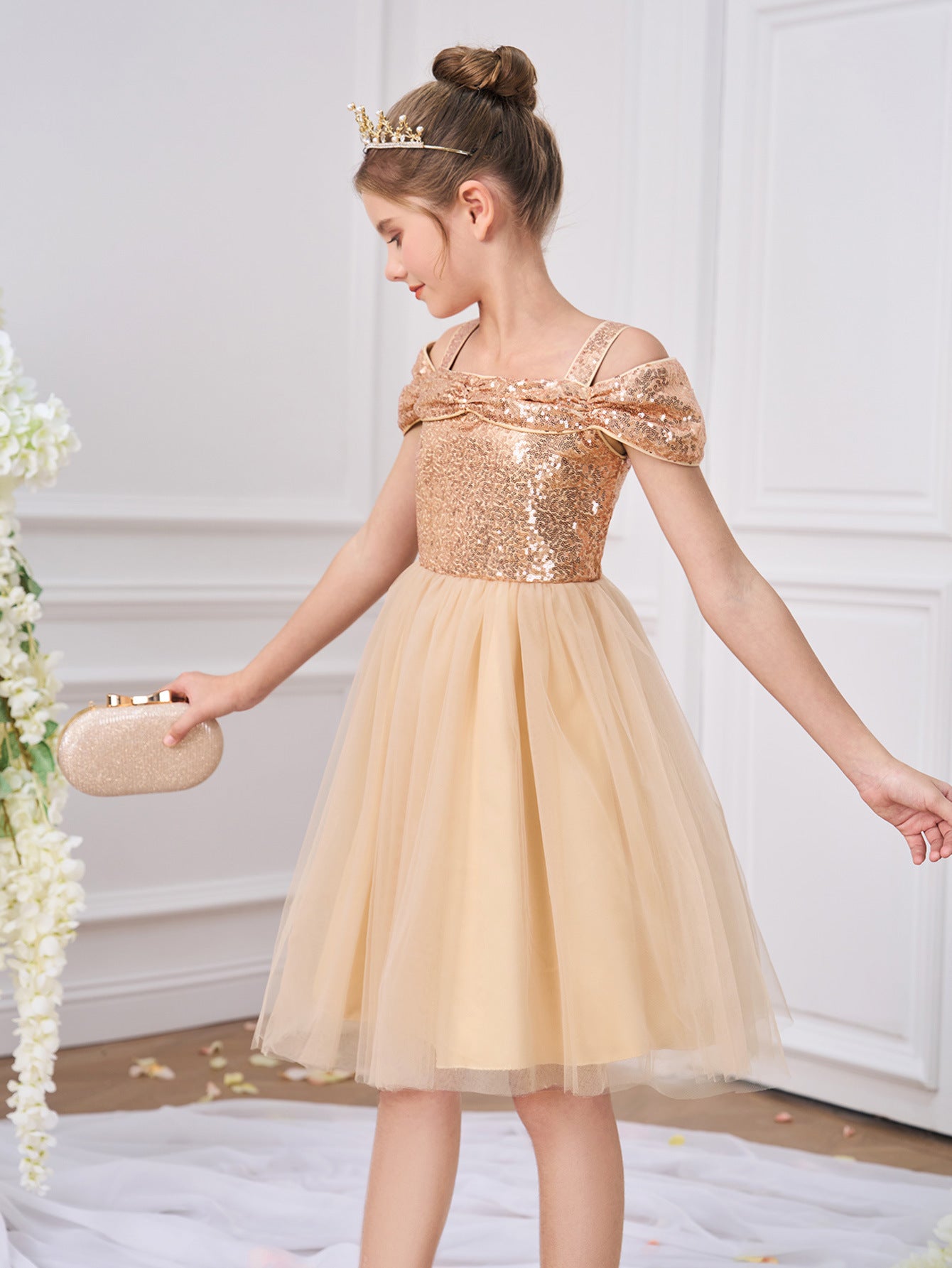 Champagne Off Shoulder Sequin Tulle Dress for Girls (Ages 5-13) | Party & Formal