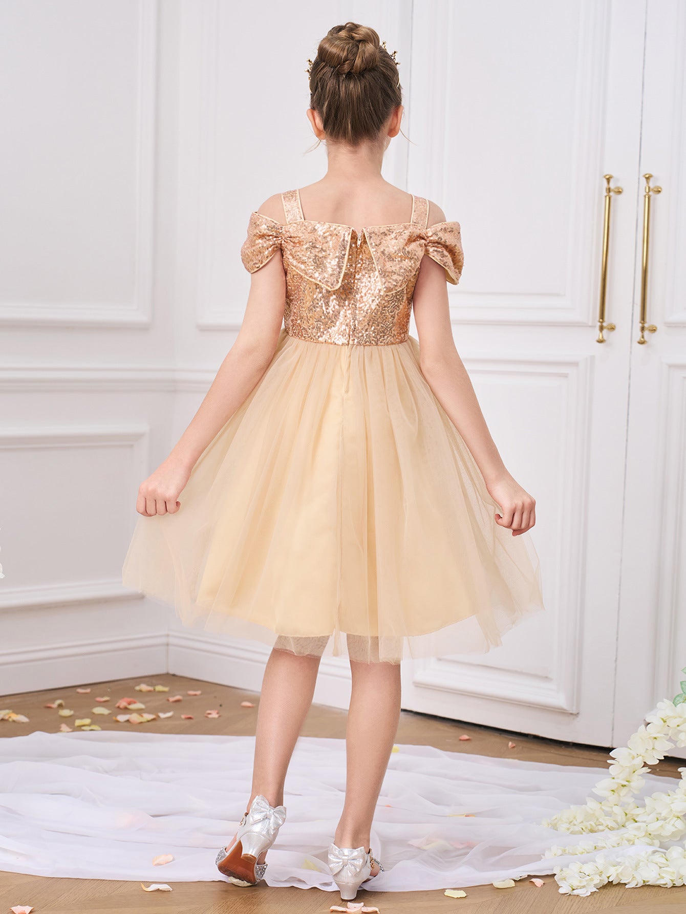 Champagne Off Shoulder Sequin Tulle Dress for Girls (Ages 5-13) | Party & Formal