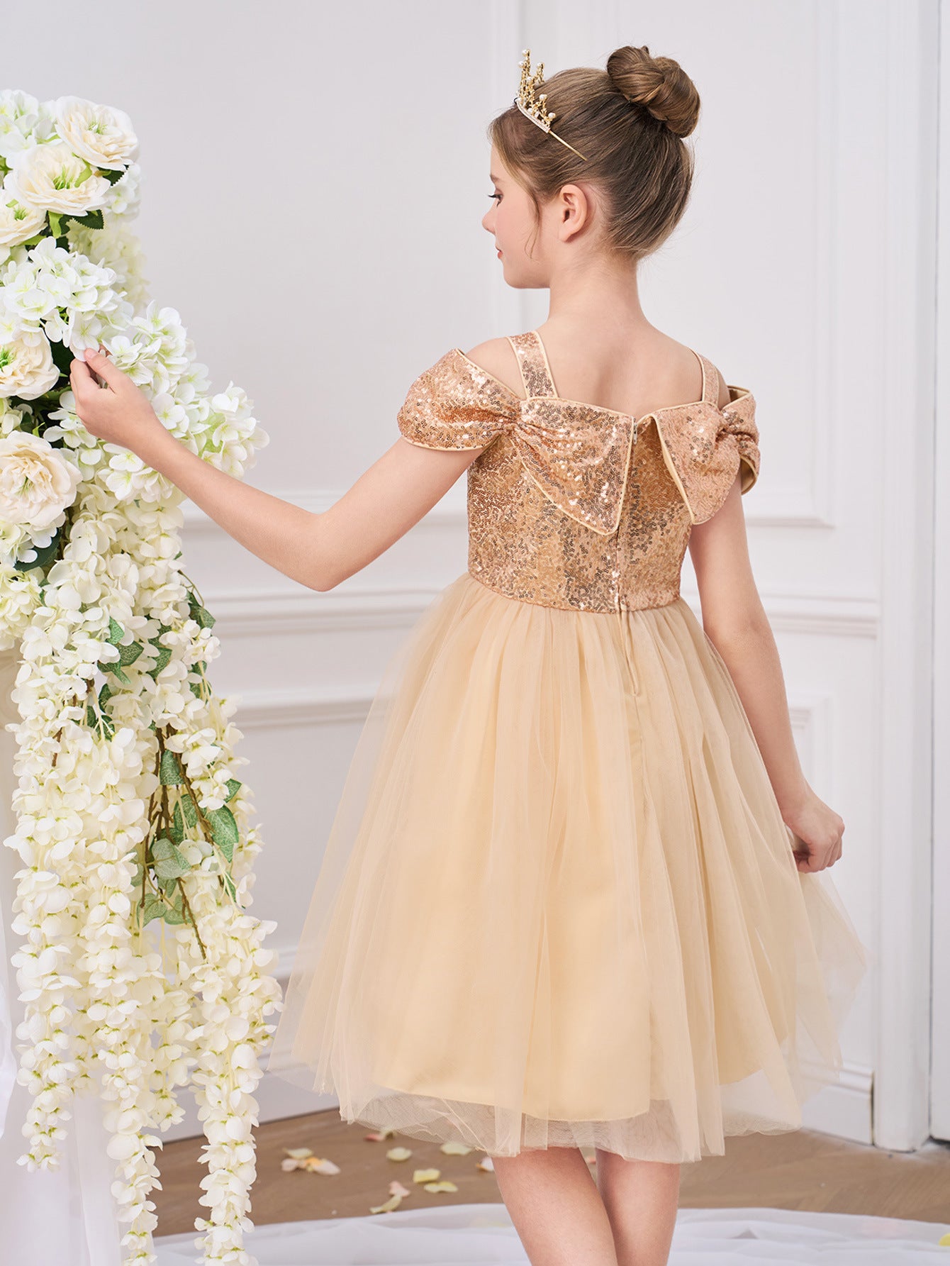 Champagne Off Shoulder Sequin Tulle Dress for Girls (Ages 5-13) | Party & Formal