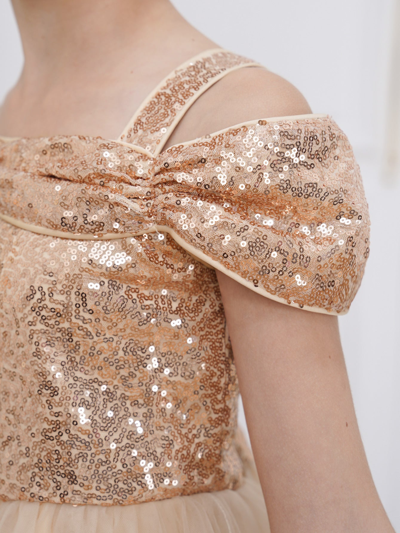 Champagne Off Shoulder Sequin Tulle Dress for Girls (Ages 5-13) | Party & Formal