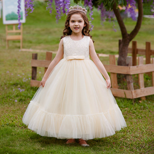 Champagne Princess Tulle Maxi Dress for Girls | Flower Girl & Party Gown