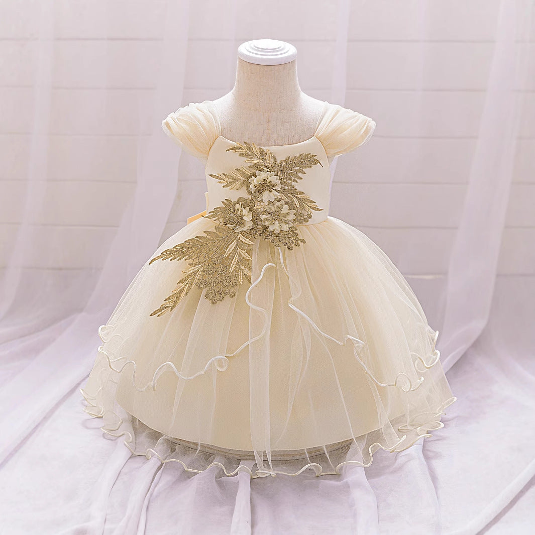 Champagne Puffy Flower Girl Dress With Applique & Tiered Skirt | Cute Formal Party Gown for Toddler Girls