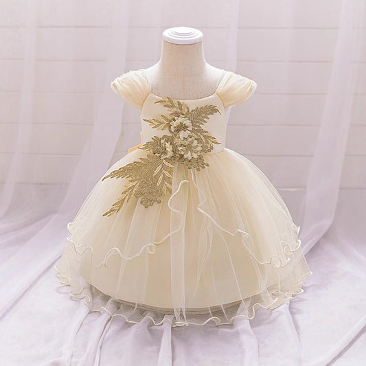 Champagne Puffy Flower Girl Dress With Applique & Tiered Skirt | Cute Formal Party Gown for Toddler Girls