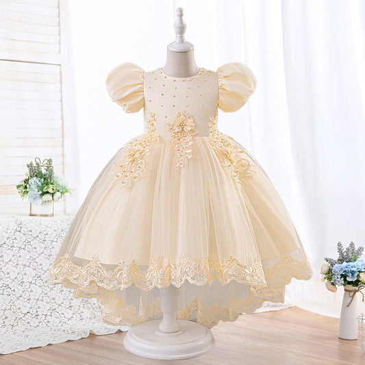 Champagne Ball Gown Puffy Sleeve Flower Girl Dress for Parties & Weddings