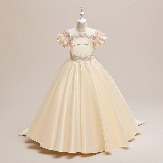 Champagne Satin Embroidered Maxi Princess Dress for Girls (5-12Y)
