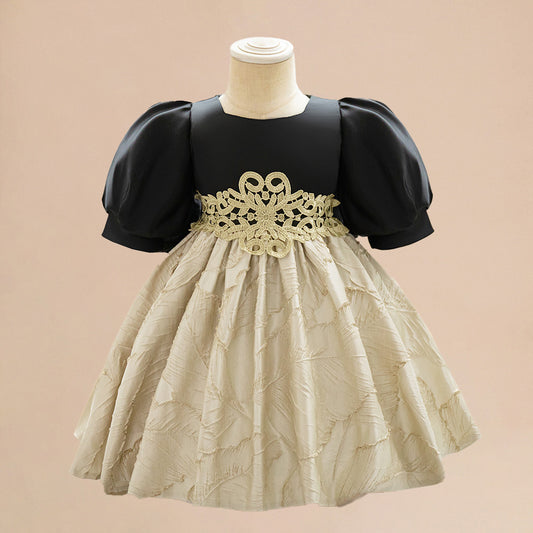 Champagne Princess Dress for Baby Girls – A-Line Satin Party Dress with Bow & Embroidery