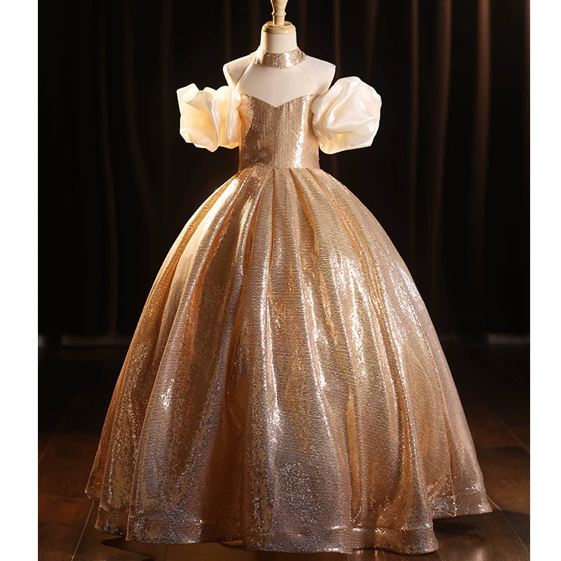 Cute Champagne Sequin Maxi Dress for Girls – Party, Wedding & Special Occasions