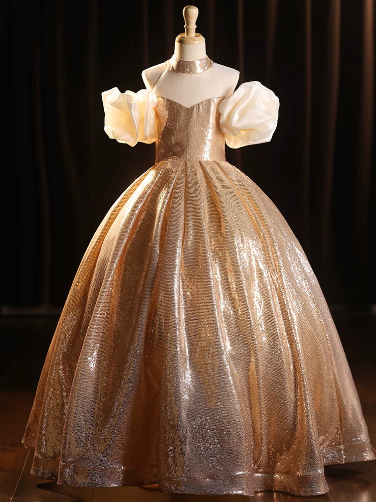 Cute Champagne Sequin Maxi Dress for Girls – Party, Wedding & Special Occasions