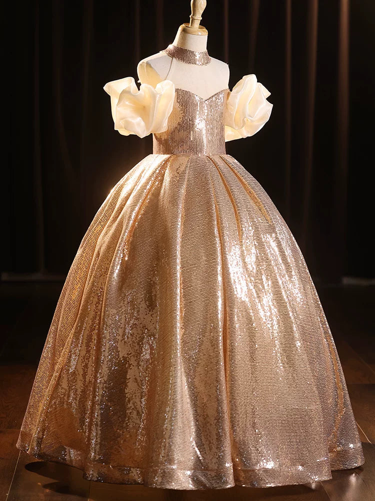 Cute Champagne Sequin Maxi Dress for Girls – Party, Wedding & Special Occasions