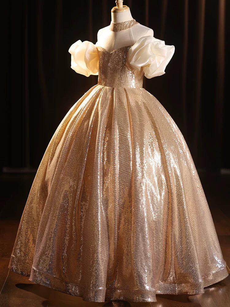 Cute Champagne Sequin Maxi Dress for Girls – Party, Wedding & Special Occasions