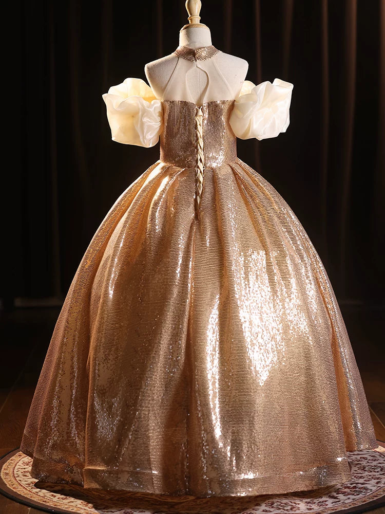 Cute Champagne Sequin Maxi Dress for Girls – Party, Wedding & Special Occasions