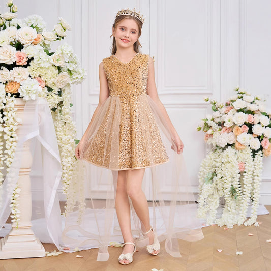 Champagne Sequin A-Line Party Dress for Kids | Cute Princess Tulle Gown