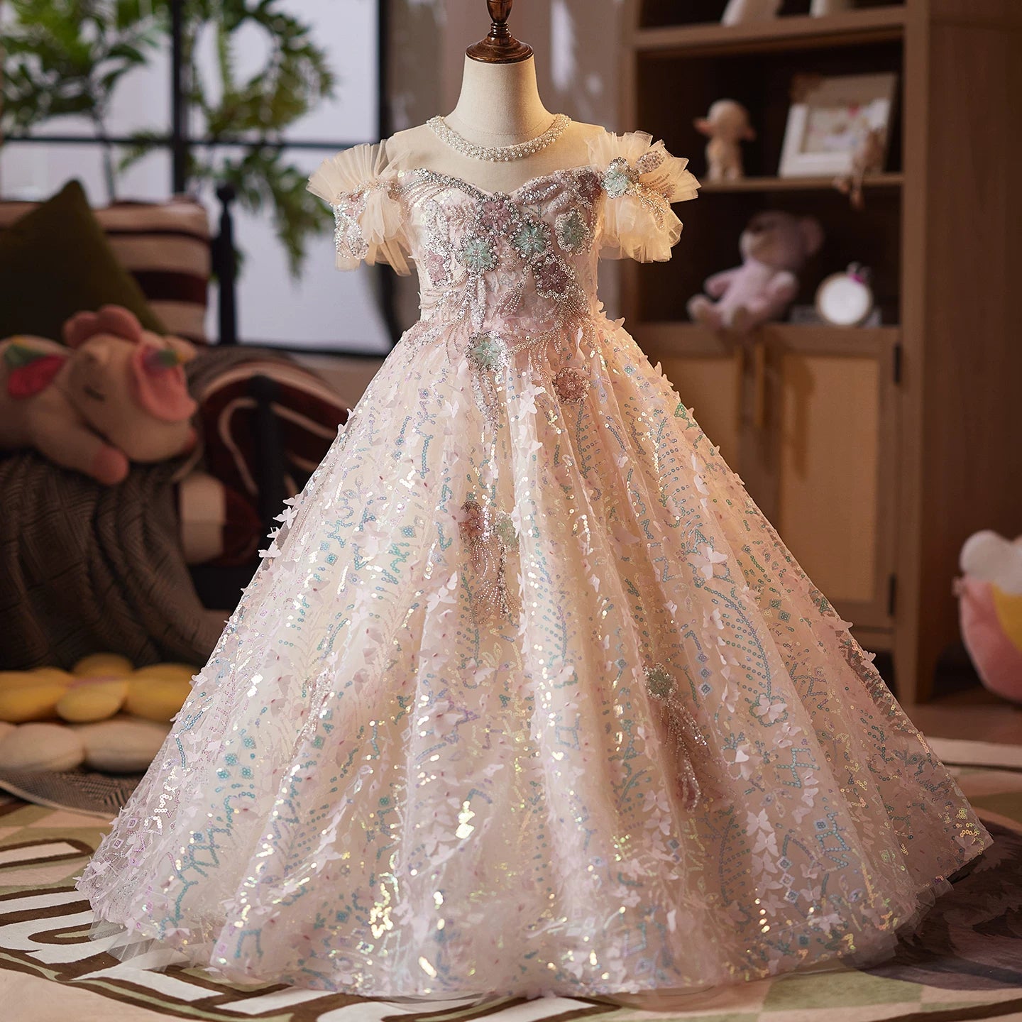 Champagne Sequin Maxi Princess Dress for Girls – Flower Girl & Party Gown