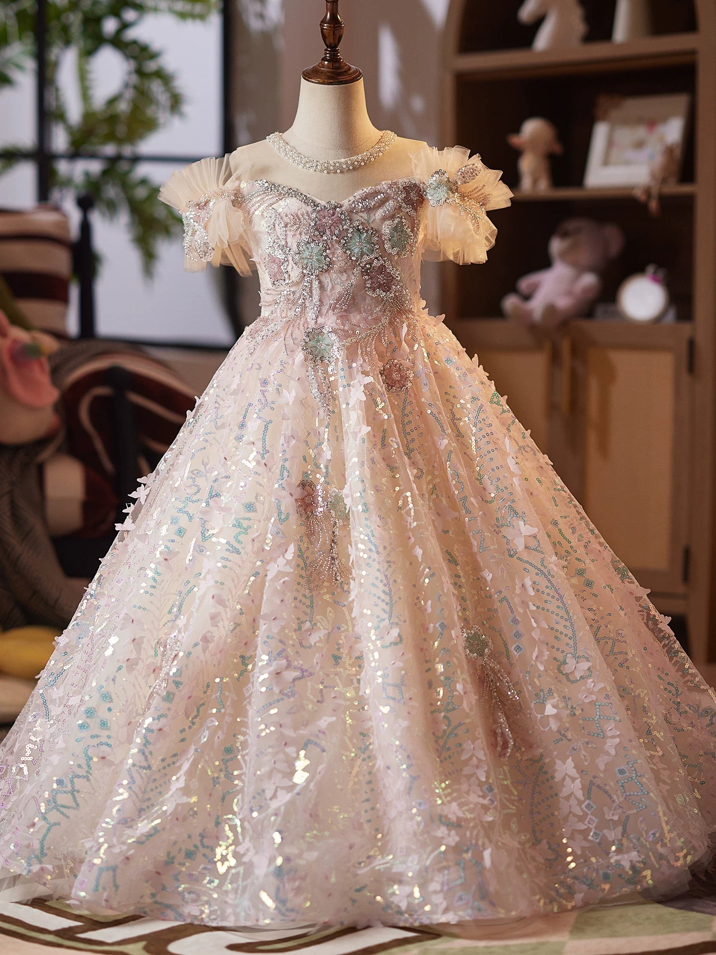 Champagne Sequin Maxi Princess Dress for Girls – Flower Girl & Party Gown