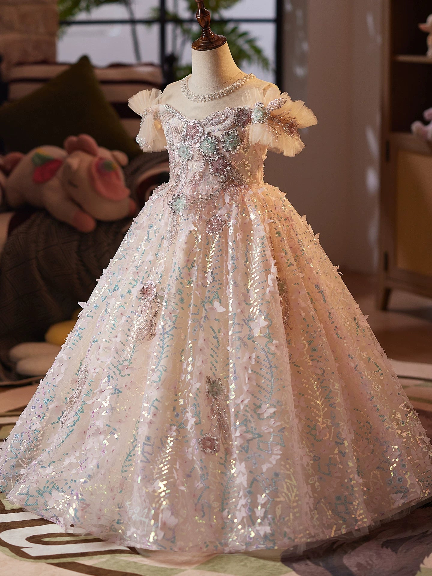 Champagne Sequin Maxi Princess Dress for Girls – Flower Girl & Party Gown