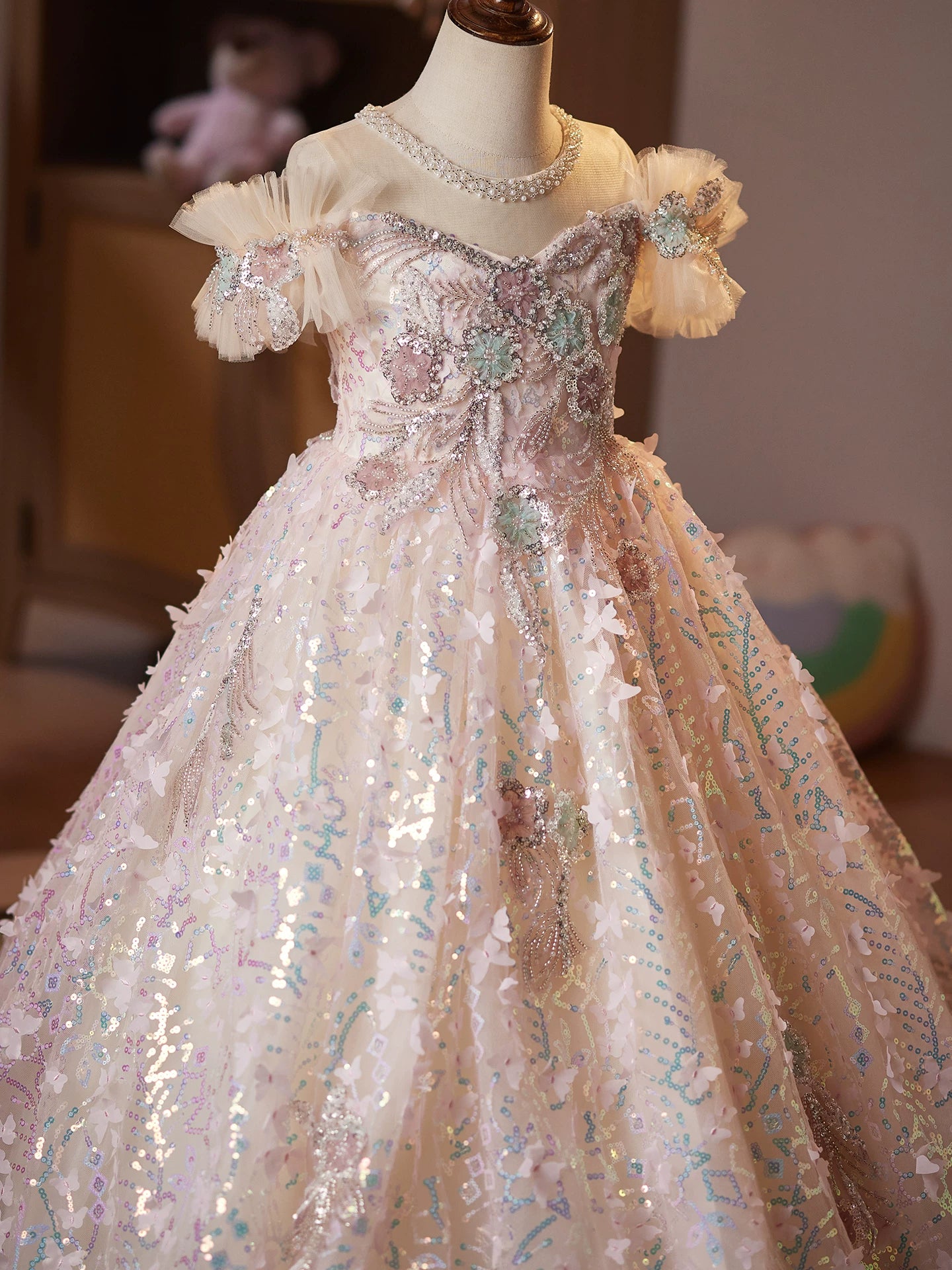 Champagne Sequin Maxi Princess Dress for Girls – Flower Girl & Party Gown