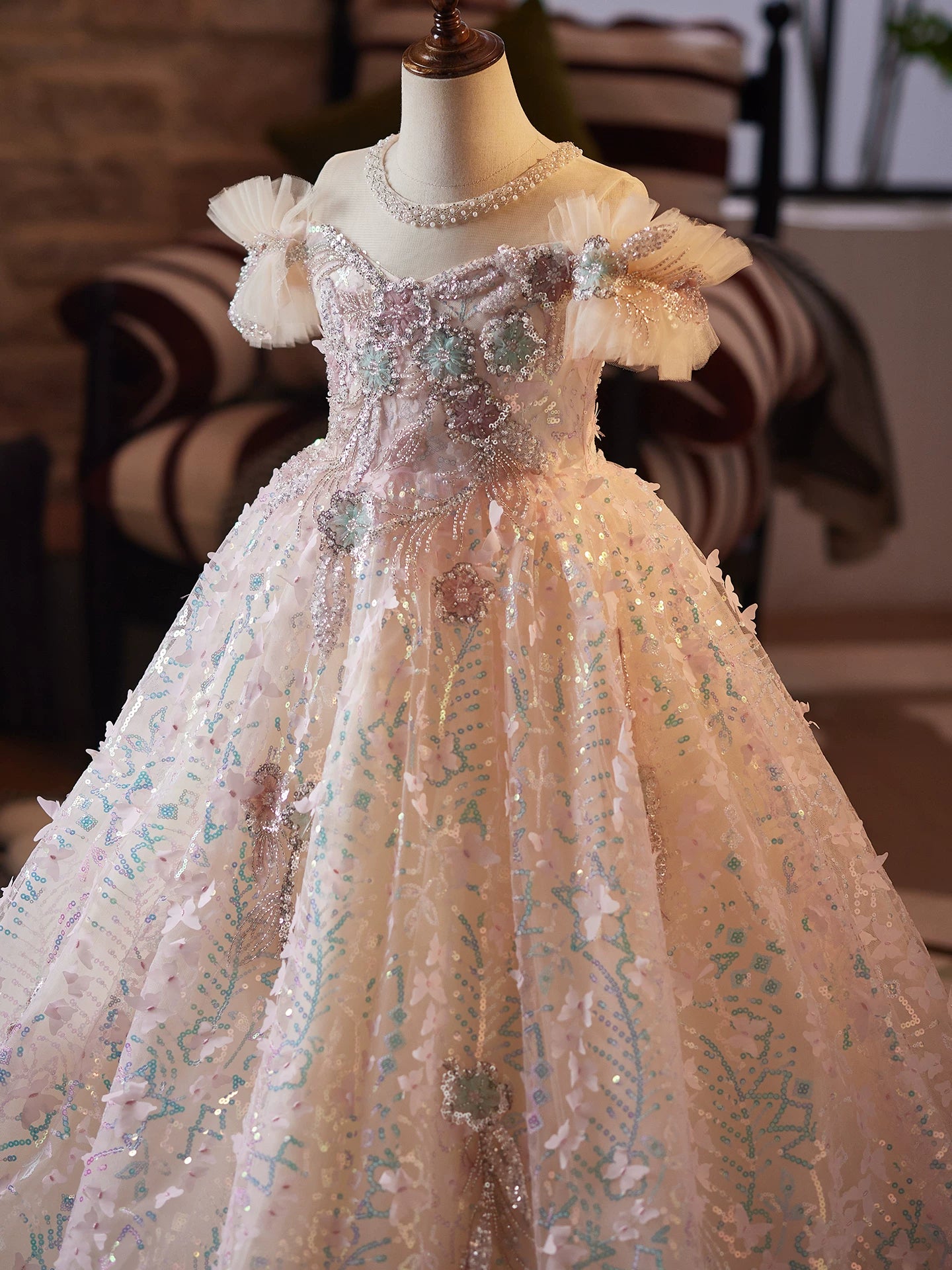 Champagne Sequin Maxi Princess Dress for Girls – Flower Girl & Party Gown