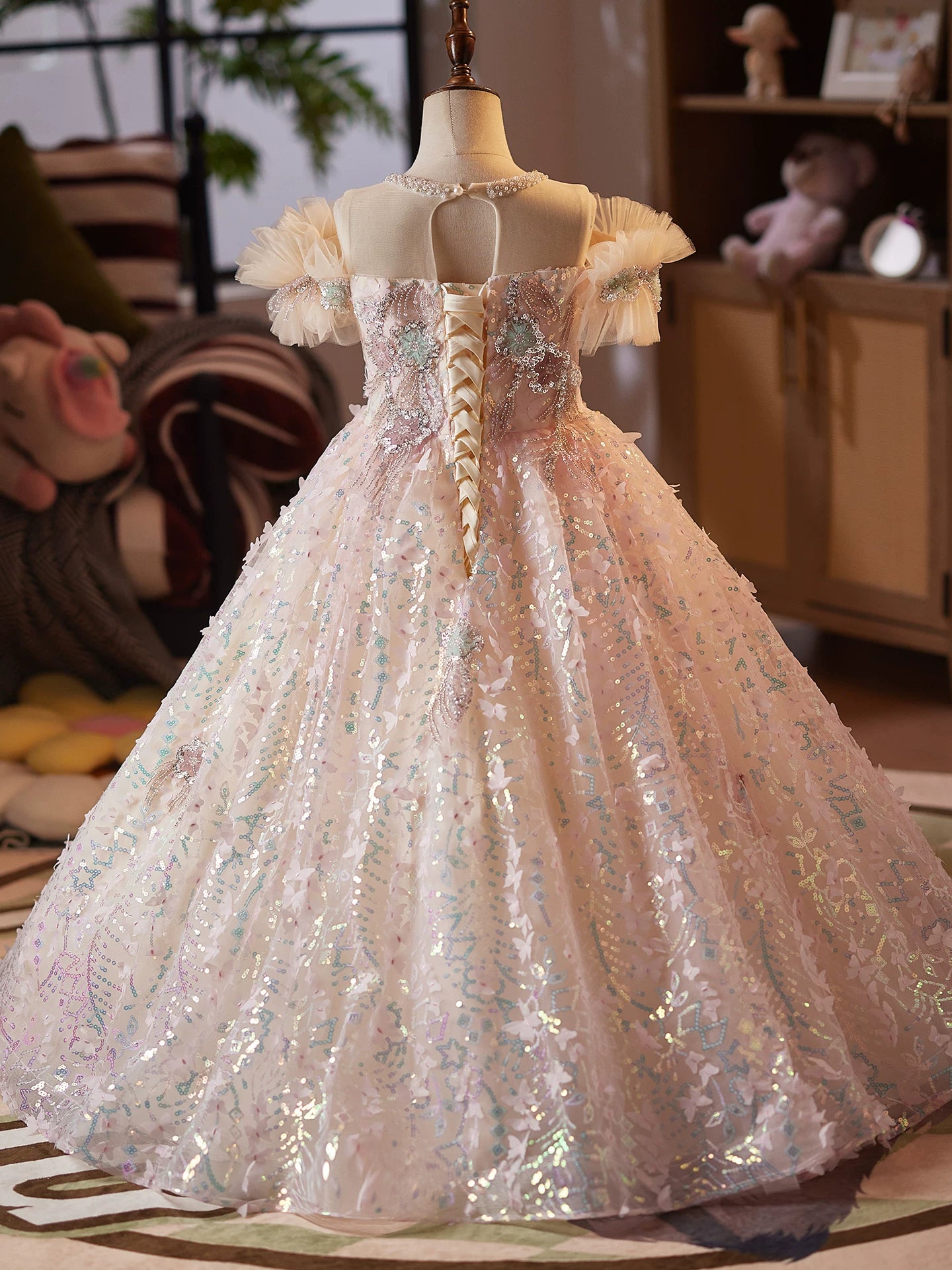 Champagne Sequin Maxi Princess Dress for Girls – Flower Girl & Party Gown