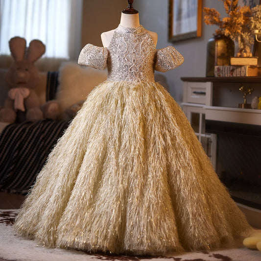 Champagne Sequin Maxi Dress for Girls – Fringe & Beads, A-line Formal Party Gown