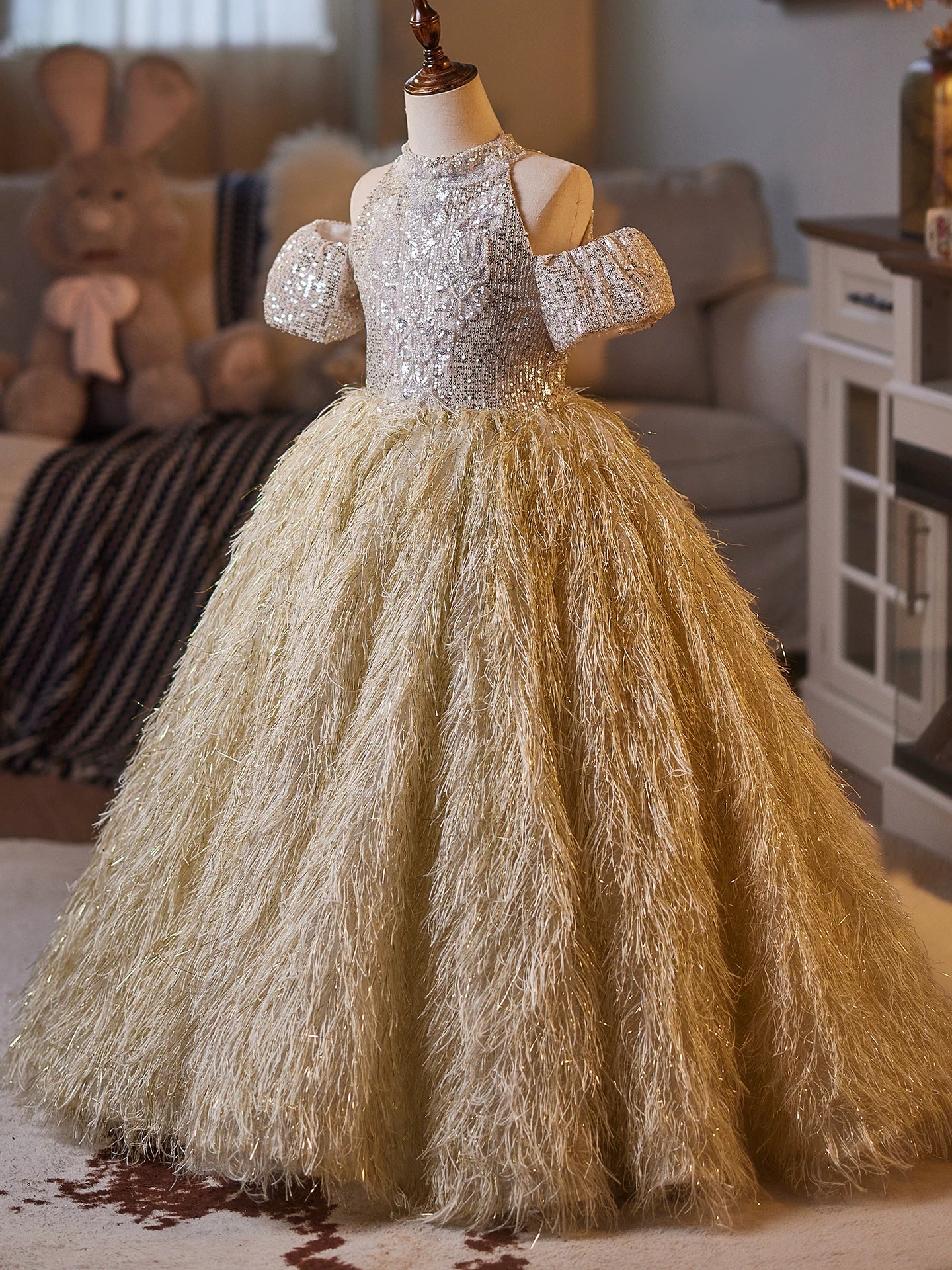 Champagne Sequin Maxi Dress for Girls – Fringe & Beads, A-line Formal Party Gown
