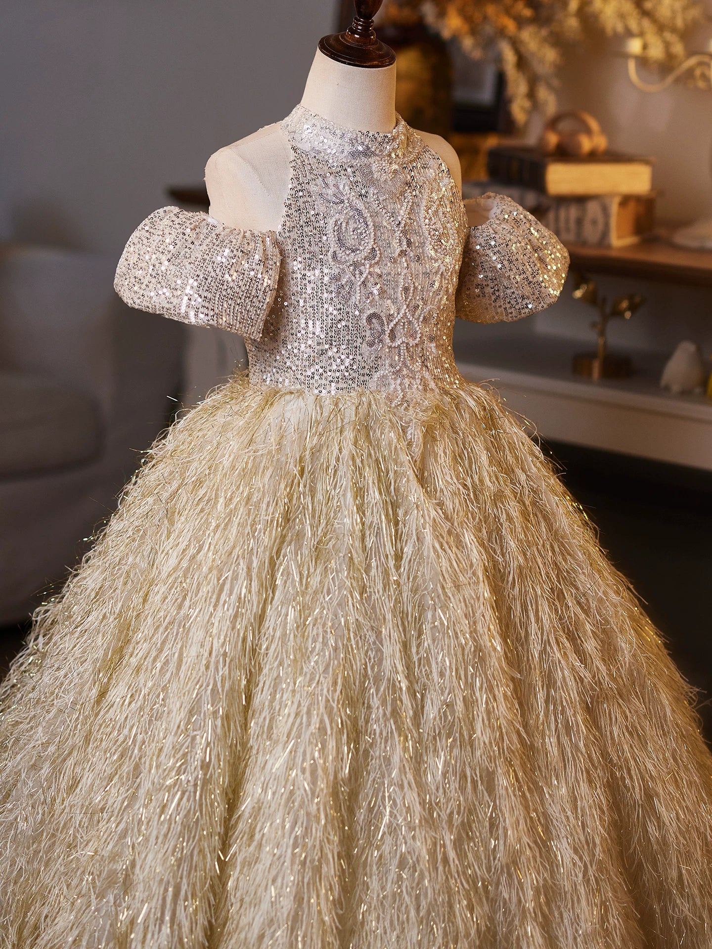 Champagne Sequin Maxi Dress for Girls – Fringe & Beads, A-line Formal Party Gown