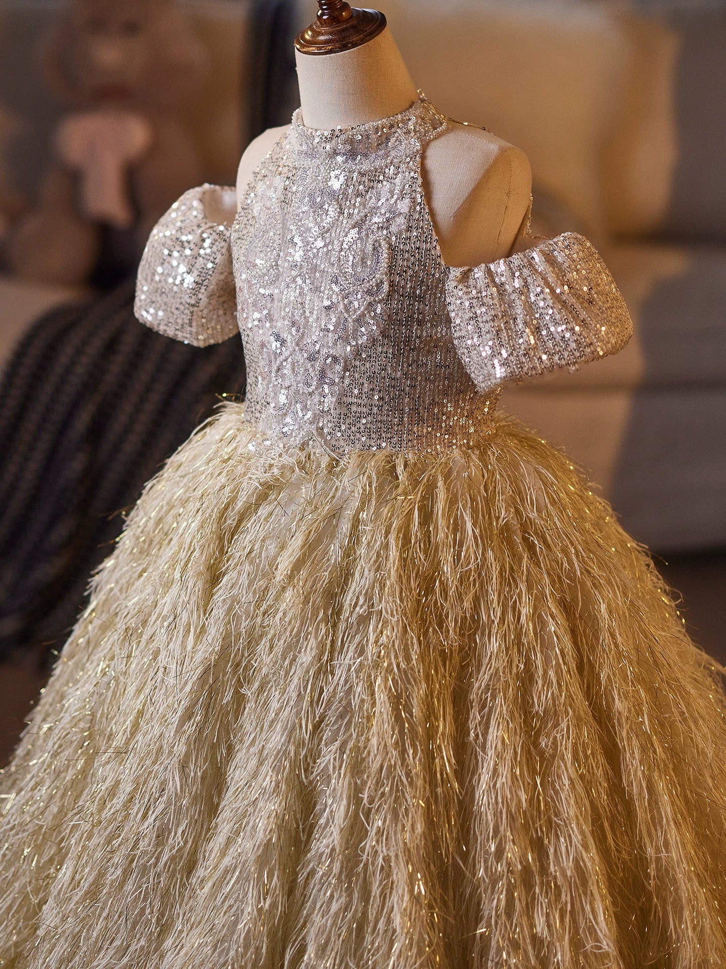 Champagne Sequin Maxi Dress for Girls – Fringe & Beads, A-line Formal Party Gown