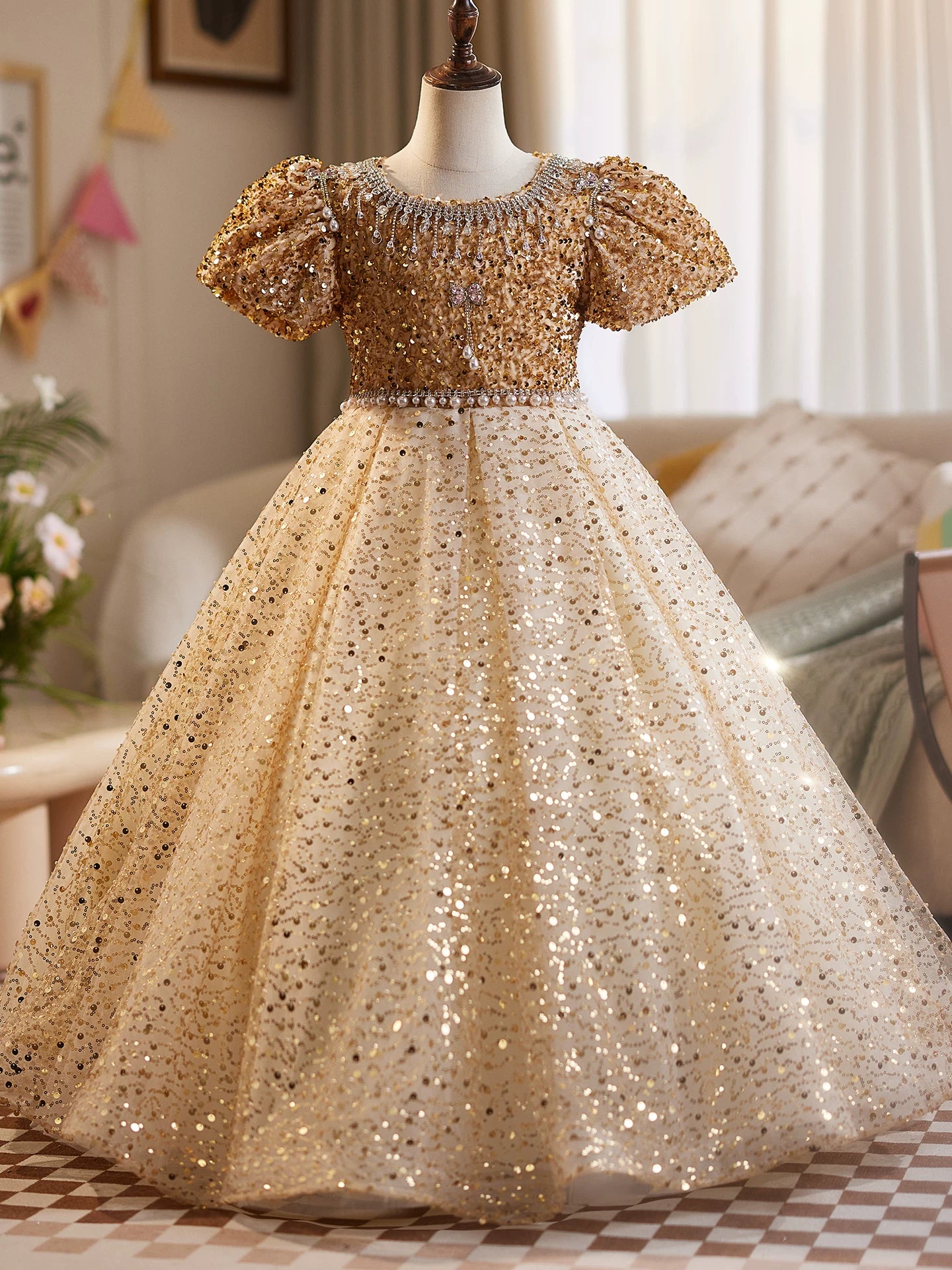 Cute Champagne Sequin Maxi Dress for Girls | Flower Girl & Party Dress