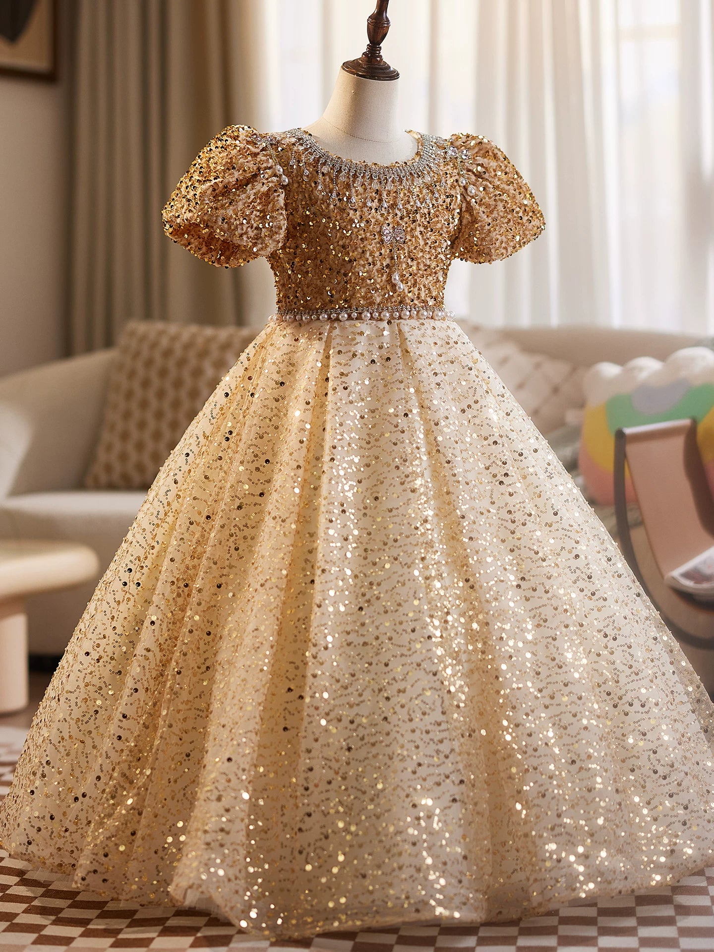 Cute Champagne Sequin Maxi Dress for Girls | Flower Girl & Party Dress