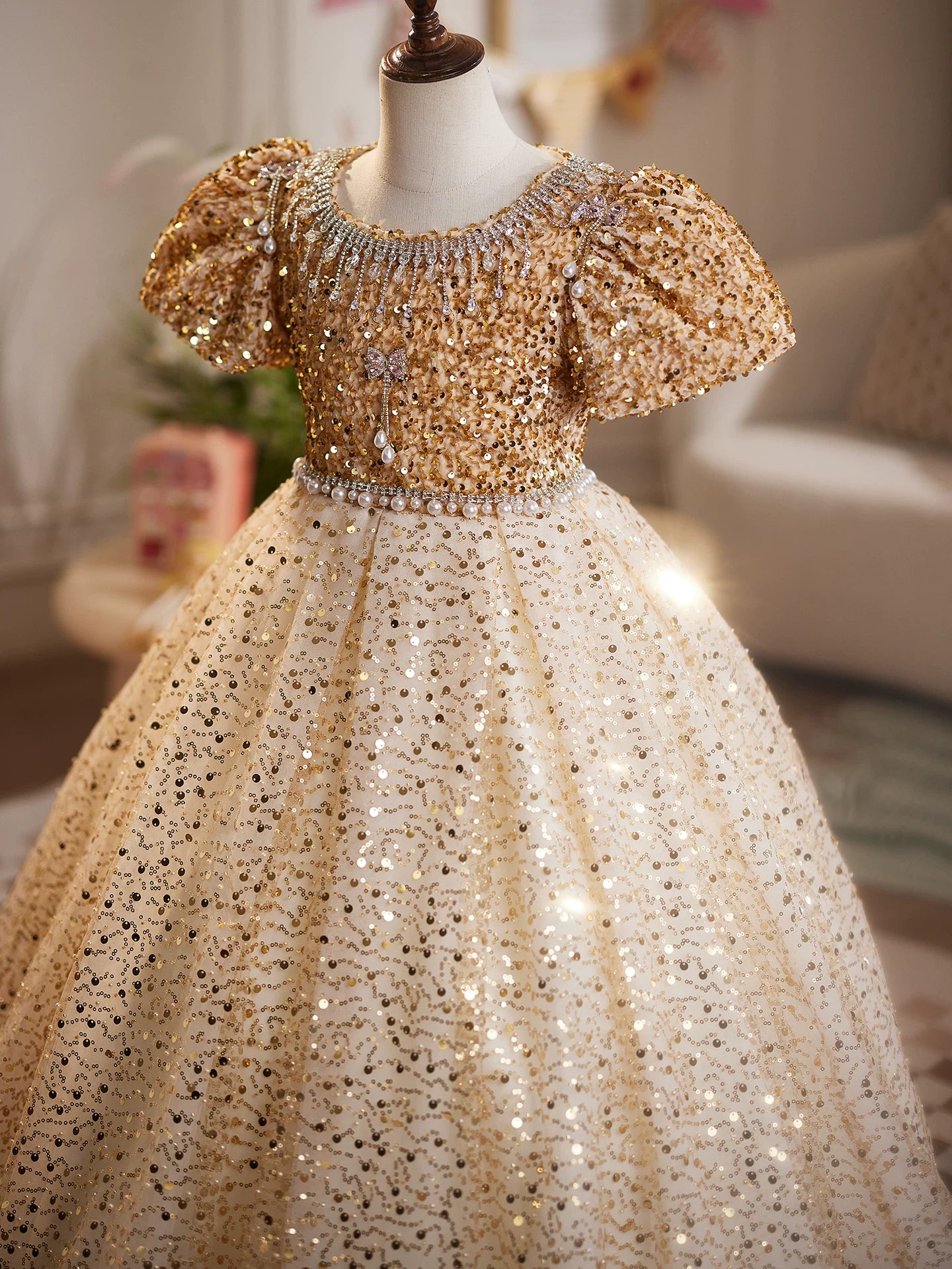 Cute Champagne Sequin Maxi Dress for Girls | Flower Girl & Party Dress
