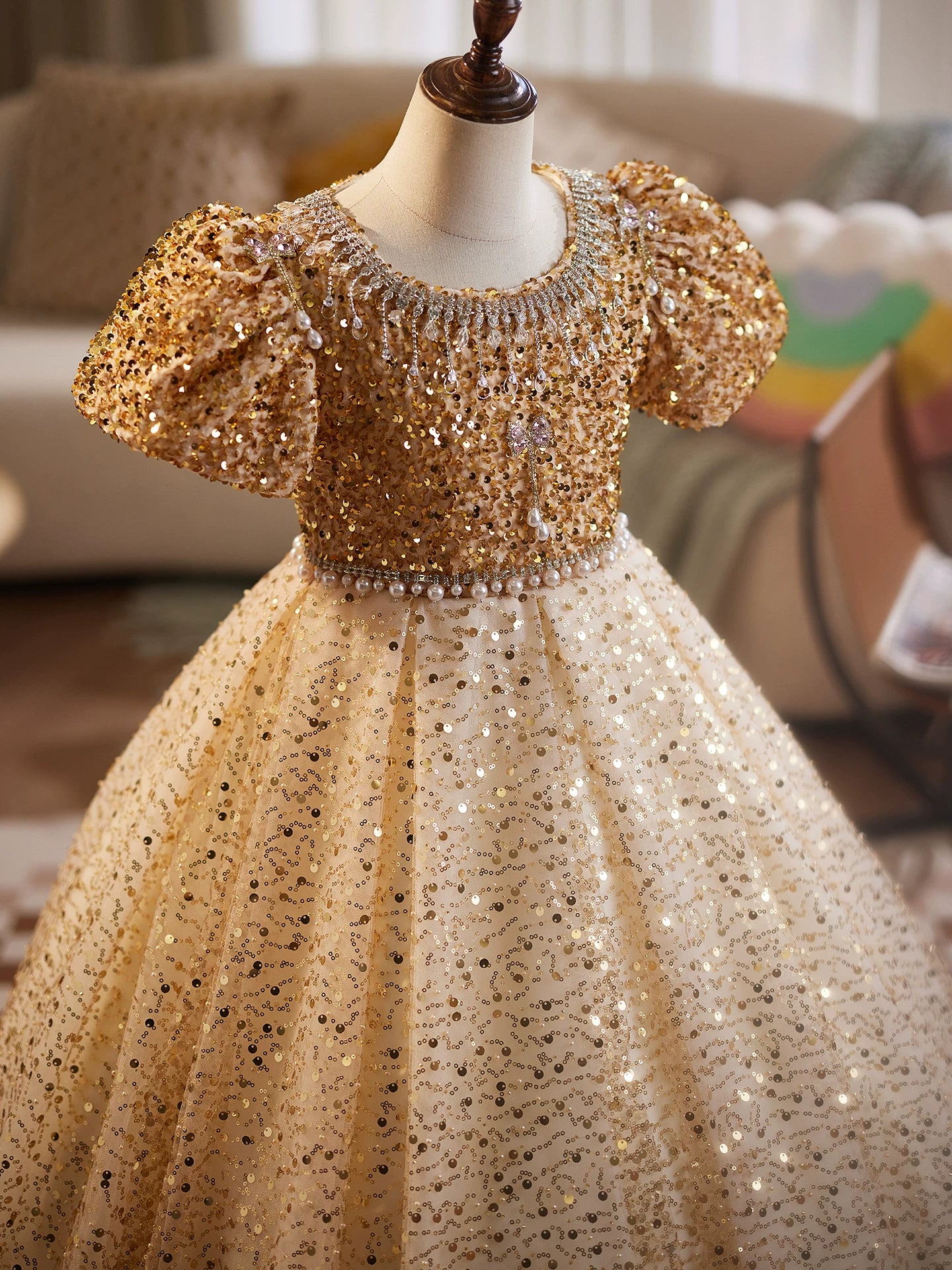 Cute Champagne Sequin Maxi Dress for Girls | Flower Girl & Party Dress