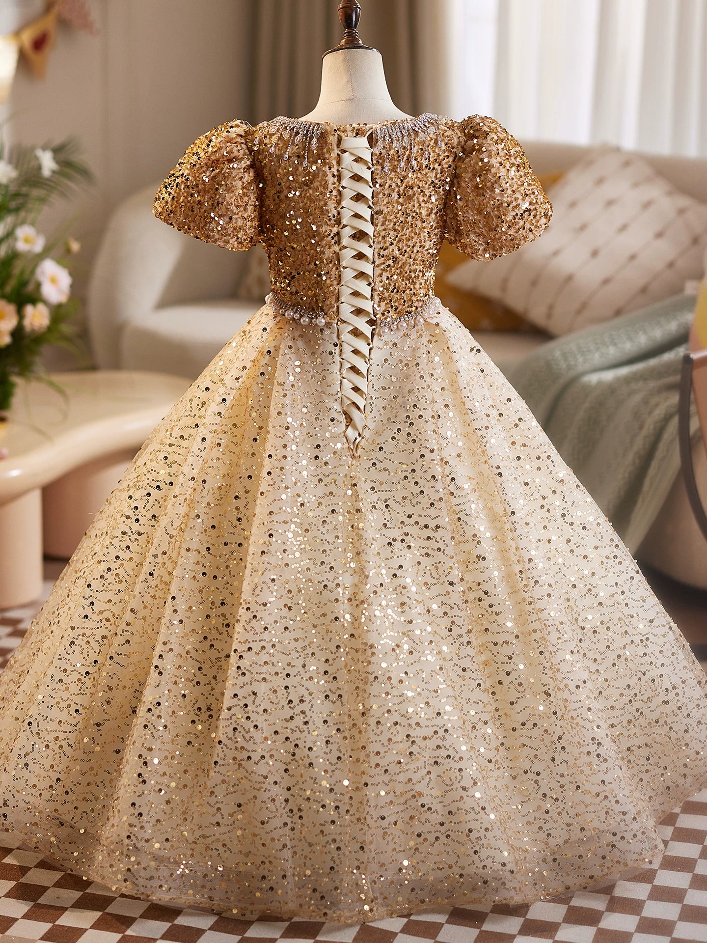 Cute Champagne Sequin Maxi Dress for Girls | Flower Girl & Party Dress