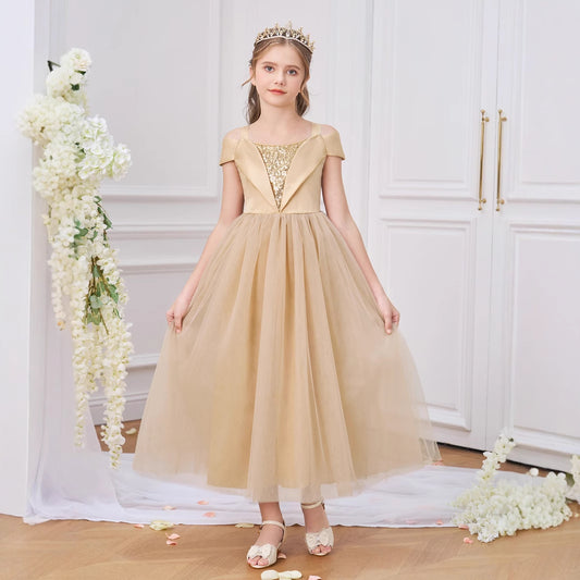 Cute Champagne Off Shoulder Sequin Princess Dress for Girls | Party & Wedding