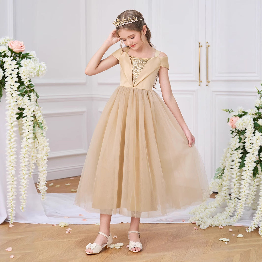 Cute Champagne Off Shoulder Sequin Princess Dress for Girls | Party & Wedding