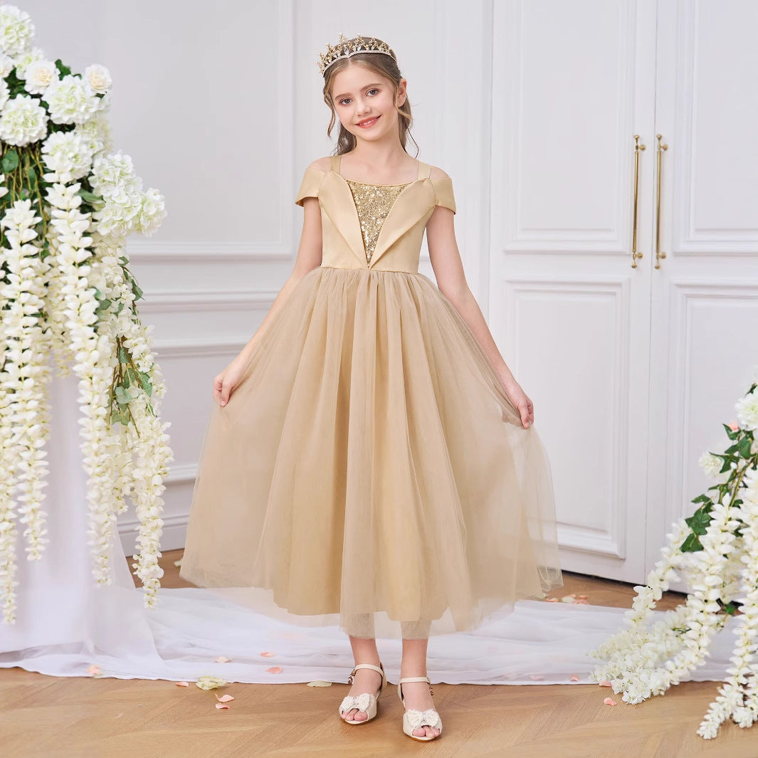 Cute Champagne Off Shoulder Sequin Princess Dress for Girls | Party & Wedding