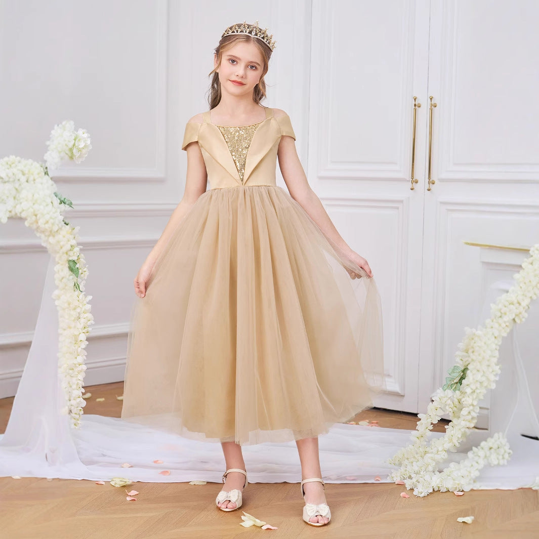 Cute Champagne Off Shoulder Sequin Princess Dress for Girls | Party & Wedding