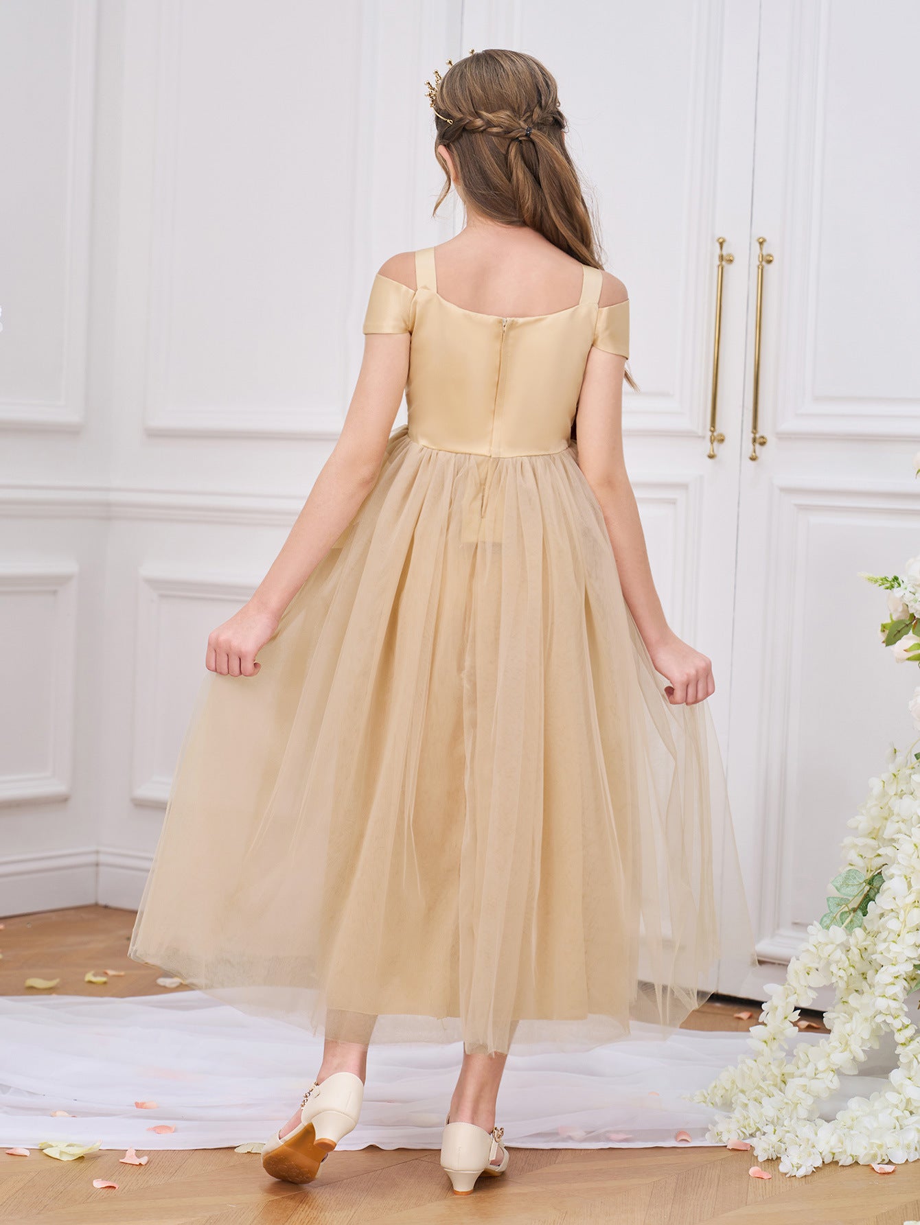 Cute Champagne Off Shoulder Sequin Princess Dress for Girls | Party & Wedding