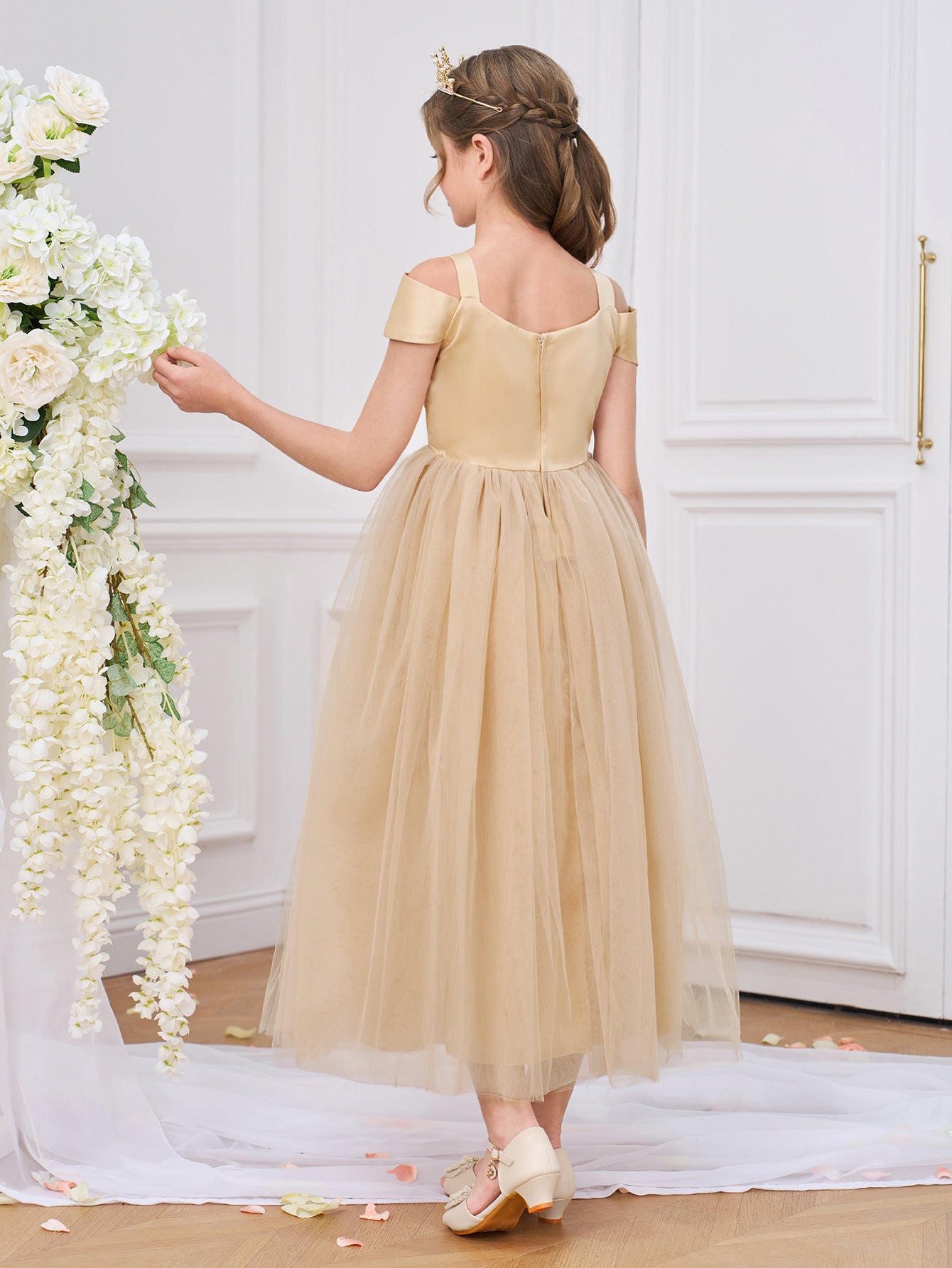 Cute Champagne Off Shoulder Sequin Princess Dress for Girls | Party & Wedding