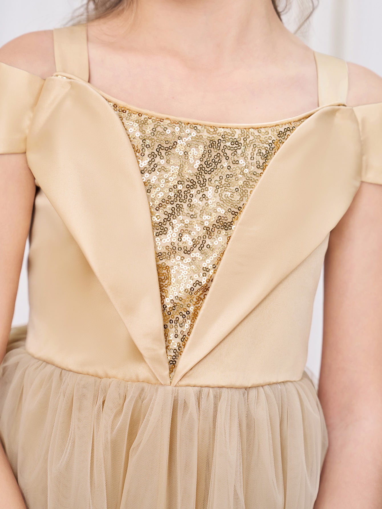 Cute Champagne Off Shoulder Sequin Princess Dress for Girls | Party & Wedding