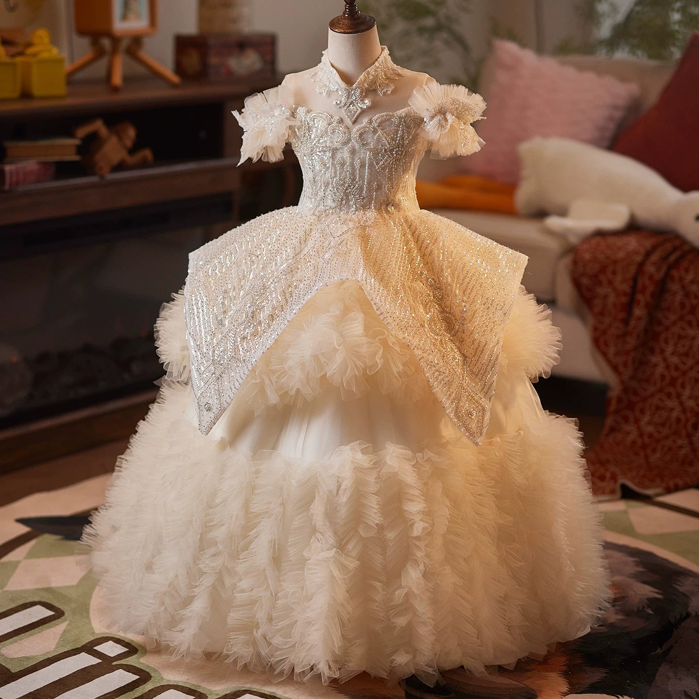 Champagne Sequin Flower Girl Dress Maxi Tiered Tulle - Cute Kids Formal Wear