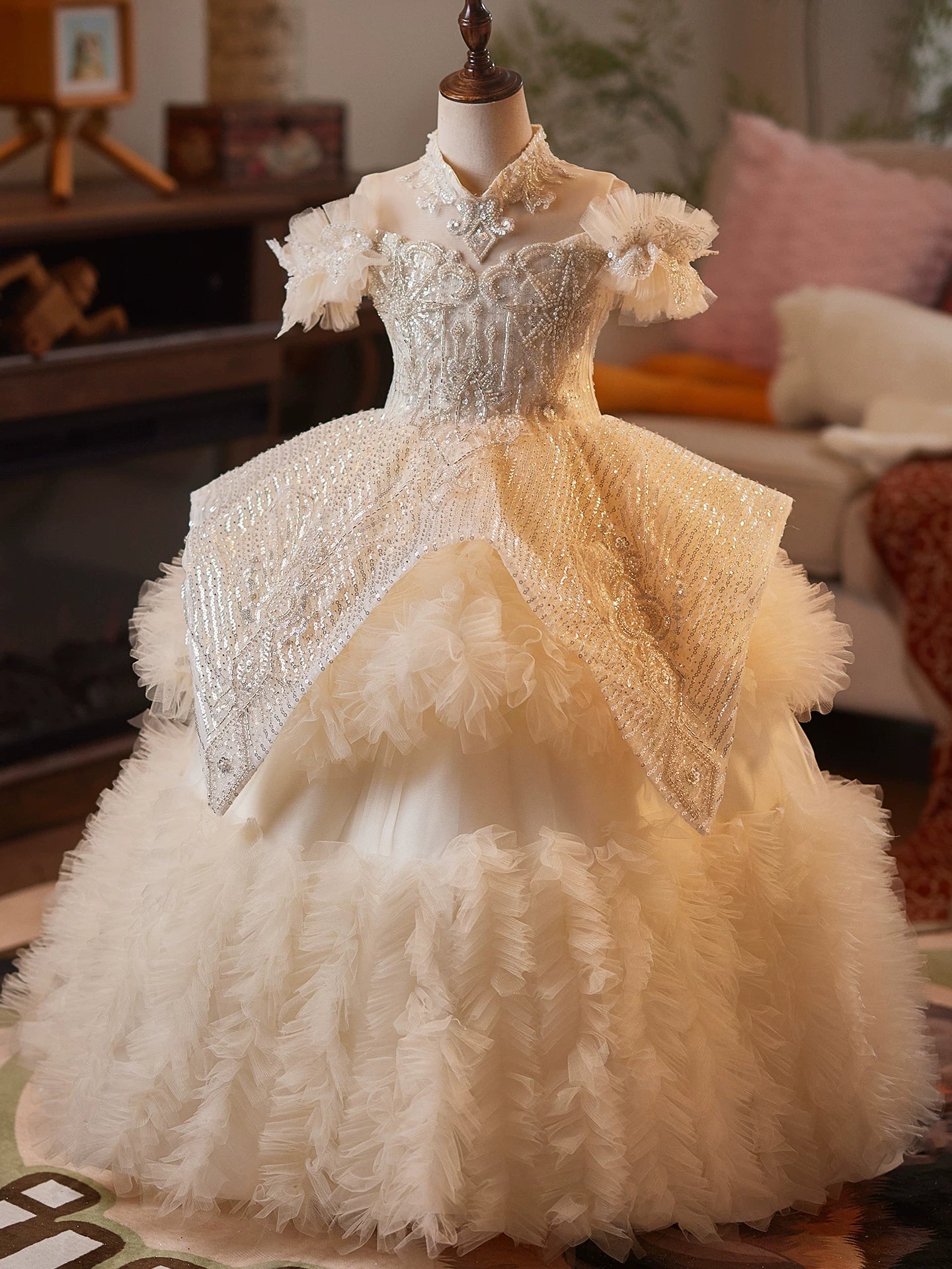 Champagne Sequin Flower Girl Dress Maxi Tiered Tulle - Cute Kids Formal Wear